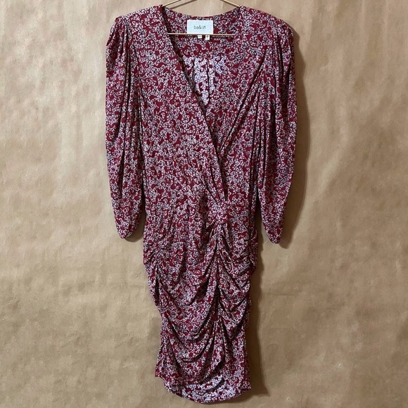 BA&SH | Crystal Dress Carmin Printed Shoulder Pad Ruched Crepe Mini Dress Size S - Picture 1 of 16
